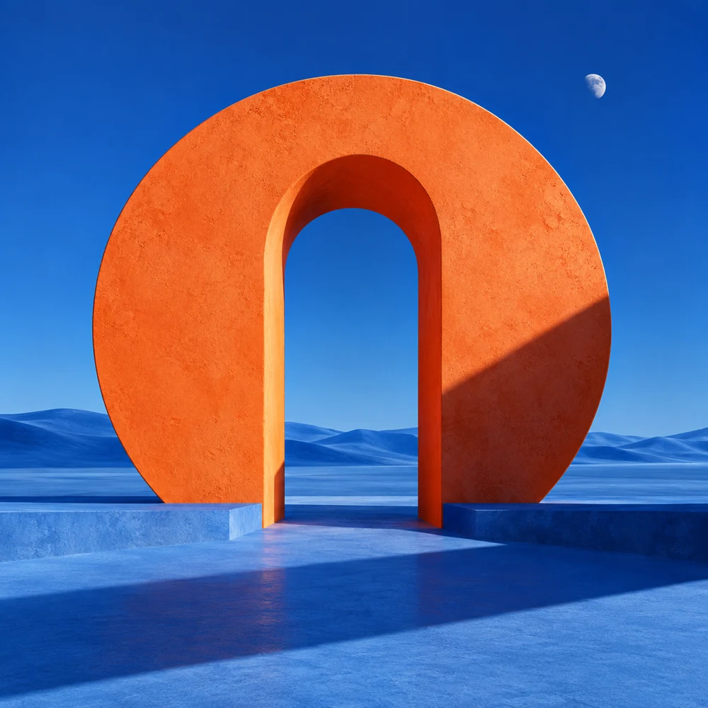 Sculptural orange portal in an electric blue landscape